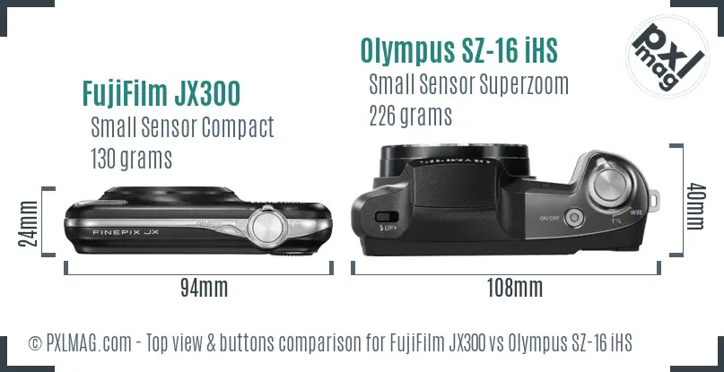 FujiFilm JX300 vs Olympus SZ-16 iHS top view buttons comparison FujiFilm JX300 vs Olympus SZ-16 iHS top view buttons comparison