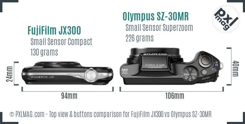 FujiFilm JX300 vs Olympus SZ-30MR top view buttons comparison