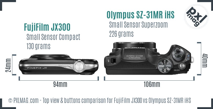 FujiFilm JX300 vs Olympus SZ-31MR iHS top view buttons comparison