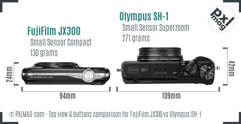 FujiFilm JX300 vs Olympus SH-1 top view buttons comparison FujiFilm JX300 vs Olympus SH-1 top view buttons comparison