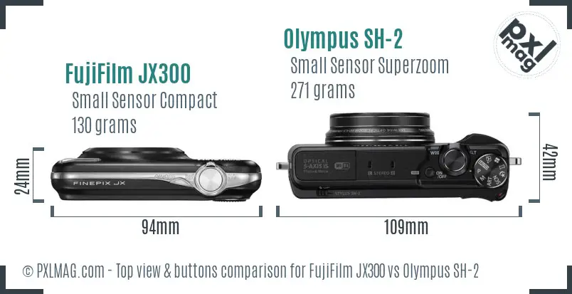 FujiFilm JX300 vs Olympus SH-2 top view buttons comparison