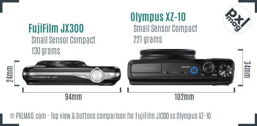 FujiFilm JX300 vs Olympus XZ-10 top view buttons comparison FujiFilm JX300 vs Olympus XZ-10 top view buttons comparison