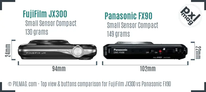 FujiFilm JX300 vs Panasonic FX90 top view buttons comparison FujiFilm JX300 vs Panasonic FX90 top view buttons comparison