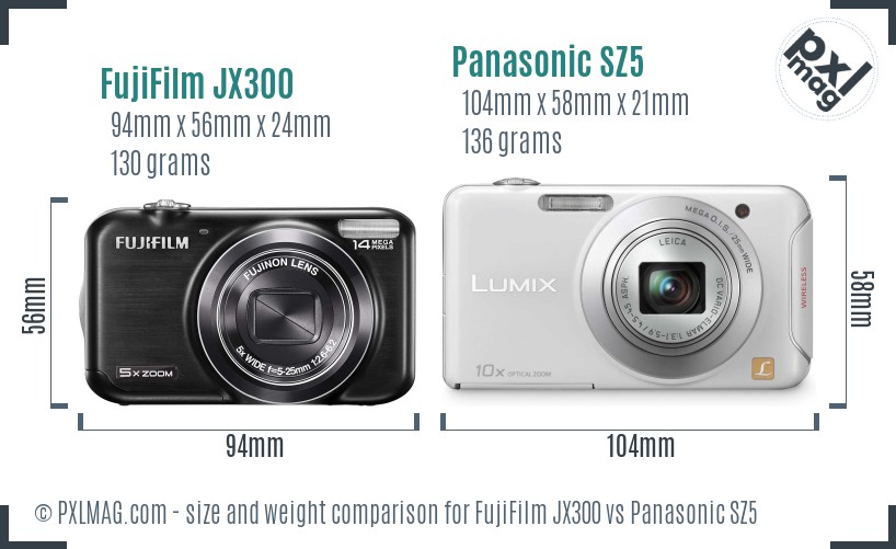 FujiFilm JX300 vs Panasonic SZ5 size comparison