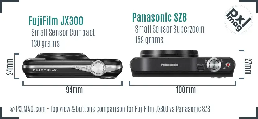 FujiFilm JX300 vs Panasonic SZ8 top view buttons comparison FujiFilm JX300 vs Panasonic SZ8 top view buttons comparison