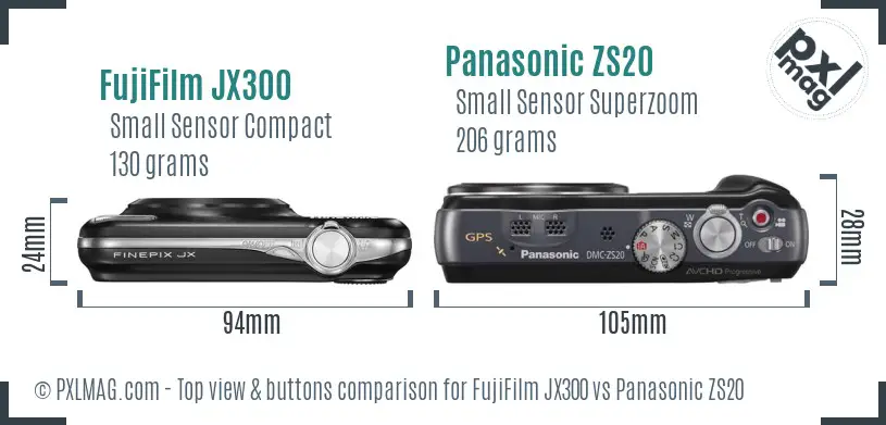 FujiFilm JX300 vs Panasonic ZS20 top view buttons comparison