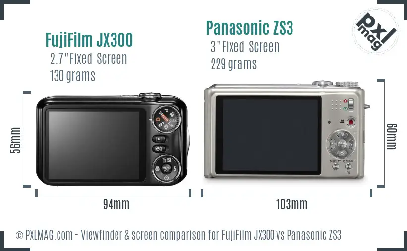 FujiFilm JX300 vs Panasonic ZS3 Screen and Viewfinder comparison