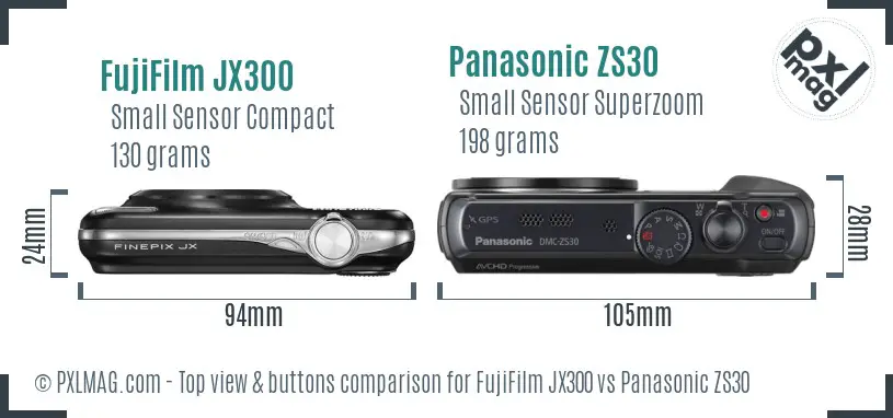 FujiFilm JX300 vs Panasonic ZS30 top view buttons comparison