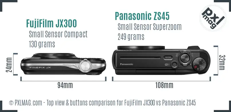 FujiFilm JX300 vs Panasonic ZS45 top view buttons comparison