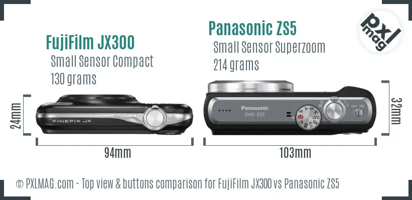 FujiFilm JX300 vs Panasonic ZS5 top view buttons comparison