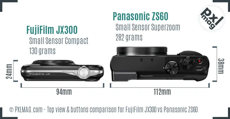 FujiFilm JX300 vs Panasonic ZS60 top view buttons comparison