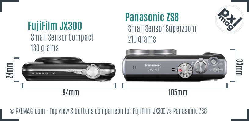 FujiFilm JX300 vs Panasonic ZS8 top view buttons comparison
