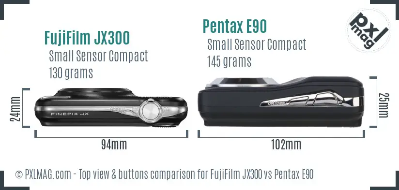 FujiFilm JX300 vs Pentax E90 top view buttons comparison