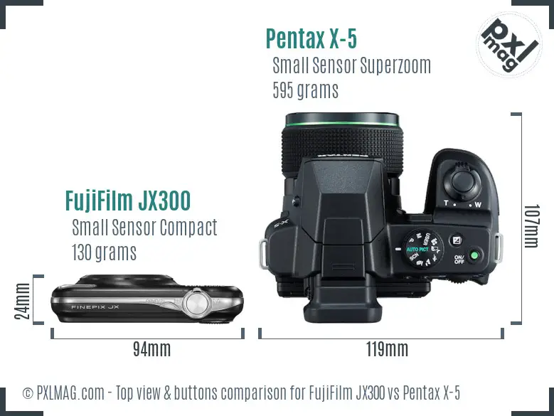 FujiFilm JX300 vs Pentax X-5 top view buttons comparison FujiFilm JX300 vs Pentax X-5 top view buttons comparison