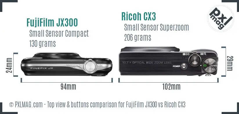 FujiFilm JX300 vs Ricoh CX3 top view buttons comparison