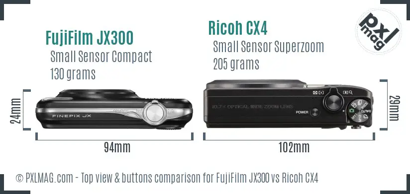 FujiFilm JX300 vs Ricoh CX4 top view buttons comparison