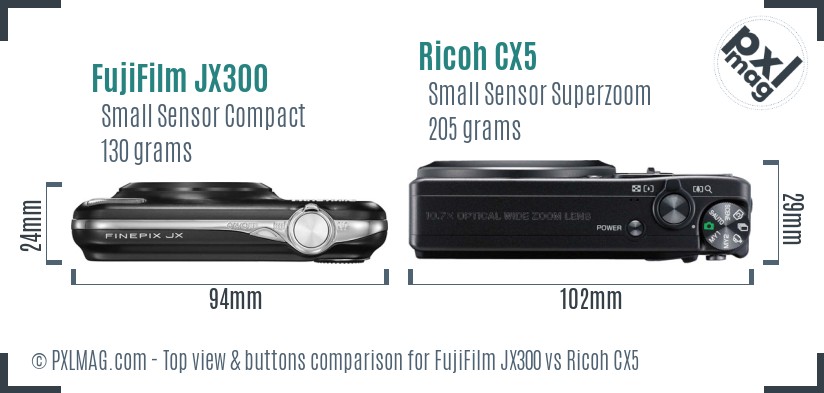 FujiFilm JX300 vs Ricoh CX5 top view buttons comparison