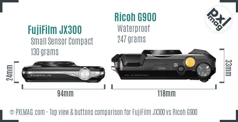 FujiFilm JX300 vs Ricoh G900 top view buttons comparison FujiFilm JX300 vs Ricoh G900 top view buttons comparison