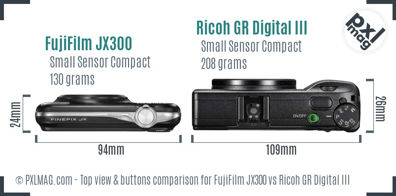 FujiFilm JX300 vs Ricoh GR Digital III top view buttons comparison