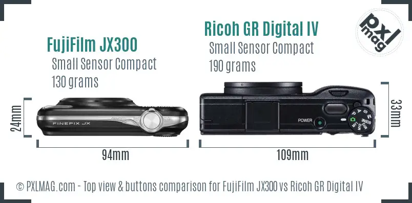 FujiFilm JX300 vs Ricoh GR Digital IV top view buttons comparison