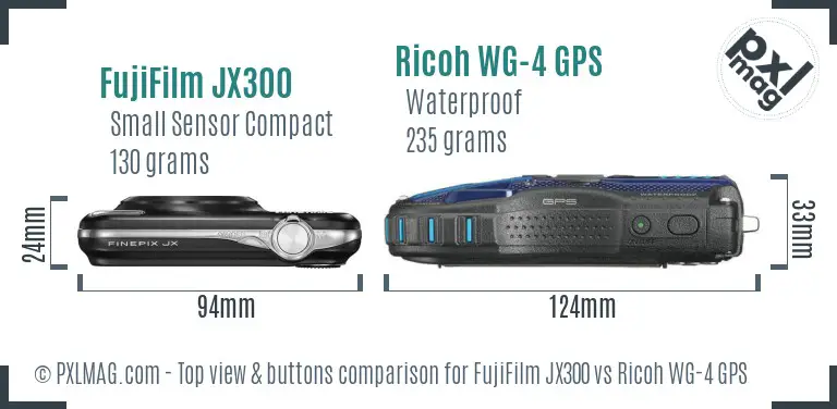 FujiFilm JX300 vs Ricoh WG-4 GPS top view buttons comparison FujiFilm JX300 vs Ricoh WG-4 GPS top view buttons comparison