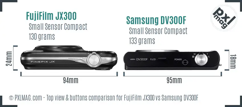 FujiFilm JX300 vs Samsung DV300F top view buttons comparison FujiFilm JX300 vs Samsung DV300F top view buttons comparison
