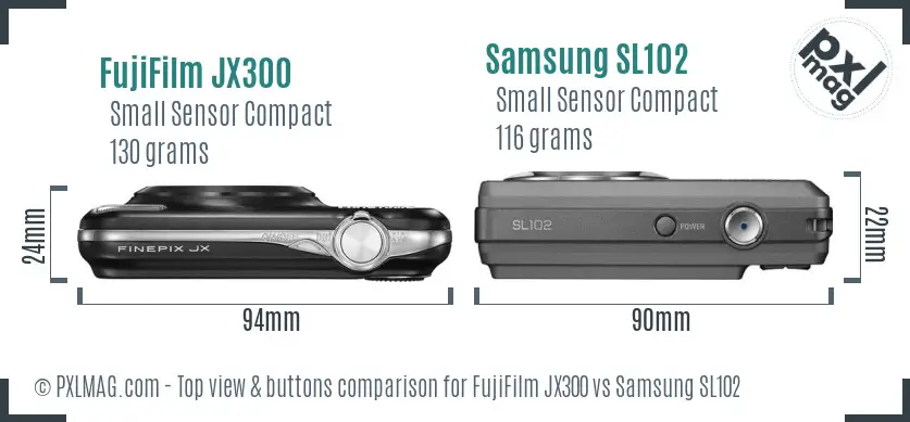 FujiFilm JX300 vs Samsung SL102 top view buttons comparison FujiFilm JX300 vs Samsung SL102 top view buttons comparison