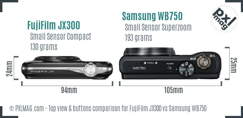 FujiFilm JX300 vs Samsung WB750 top view buttons comparison