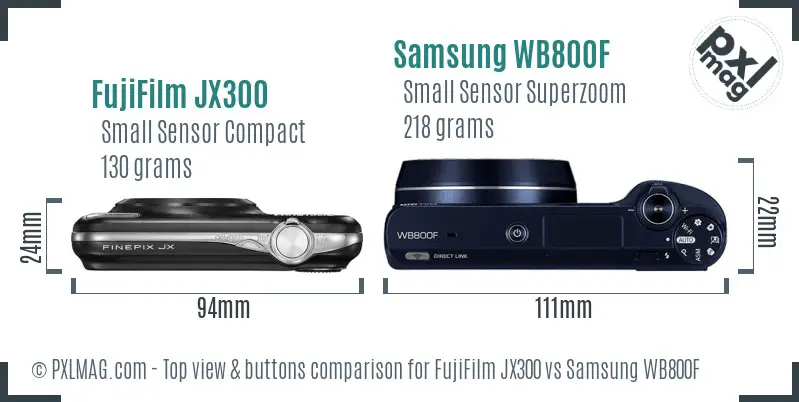 FujiFilm JX300 vs Samsung WB800F top view buttons comparison FujiFilm JX300 vs Samsung WB800F top view buttons comparison