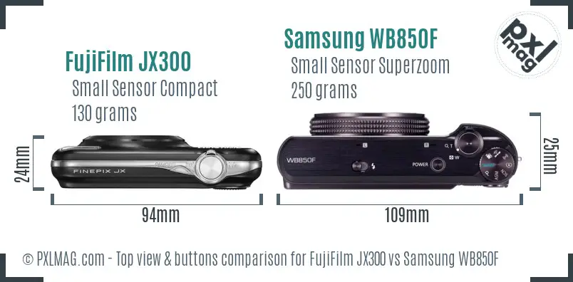 FujiFilm JX300 vs Samsung WB850F top view buttons comparison FujiFilm JX300 vs Samsung WB850F top view buttons comparison