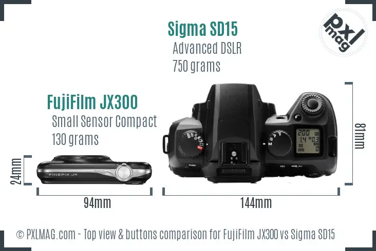 FujiFilm JX300 vs Sigma SD15 top view buttons comparison FujiFilm JX300 vs Sigma SD15 top view buttons comparison