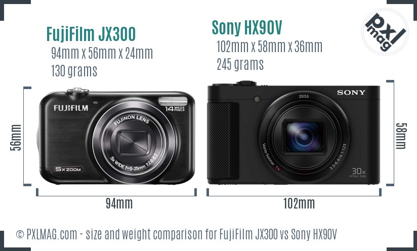 FujiFilm JX300 vs Sony HX90V size comparison