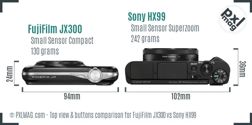 FujiFilm JX300 vs Sony HX99 top view buttons comparison FujiFilm JX300 vs Sony HX99 top view buttons comparison