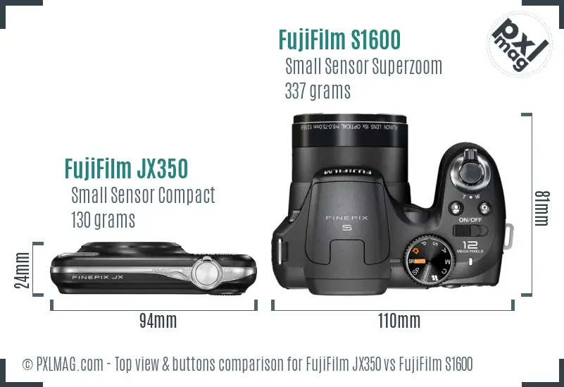 FujiFilm JX350 vs FujiFilm S1600 top view buttons comparison FujiFilm JX350 vs FujiFilm S1600 top view buttons comparison