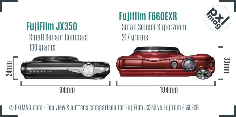 FujiFilm JX350 vs Fujifilm F660EXR top view buttons comparison