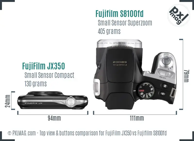 FujiFilm JX350 vs Fujifilm S8100fd top view buttons comparison FujiFilm JX350 vs Fujifilm S8100fd top view buttons comparison