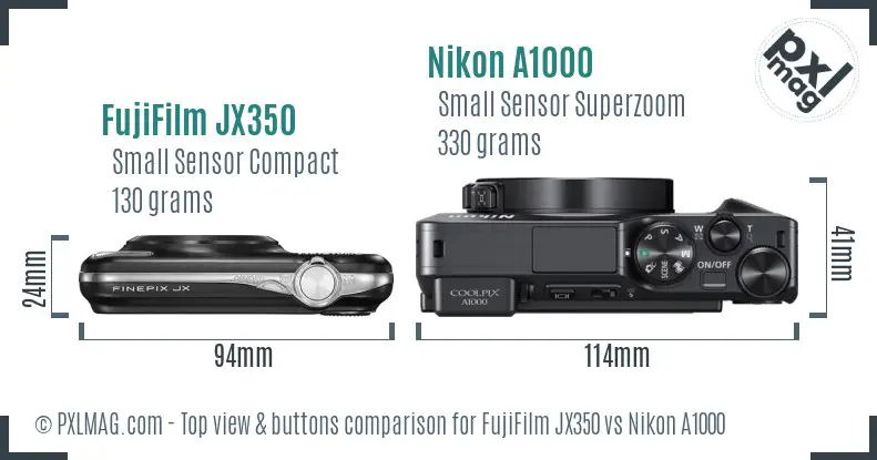 FujiFilm JX350 vs Nikon A1000 top view buttons comparison FujiFilm JX350 vs Nikon A1000 top view buttons comparison