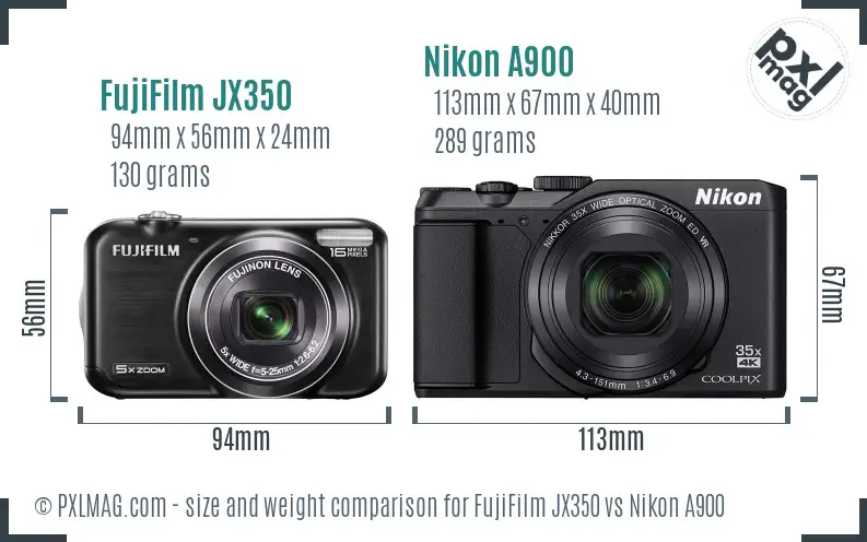 FujiFilm JX350 vs Nikon A900 size comparison