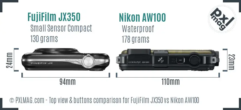 FujiFilm JX350 vs Nikon AW100 top view buttons comparison