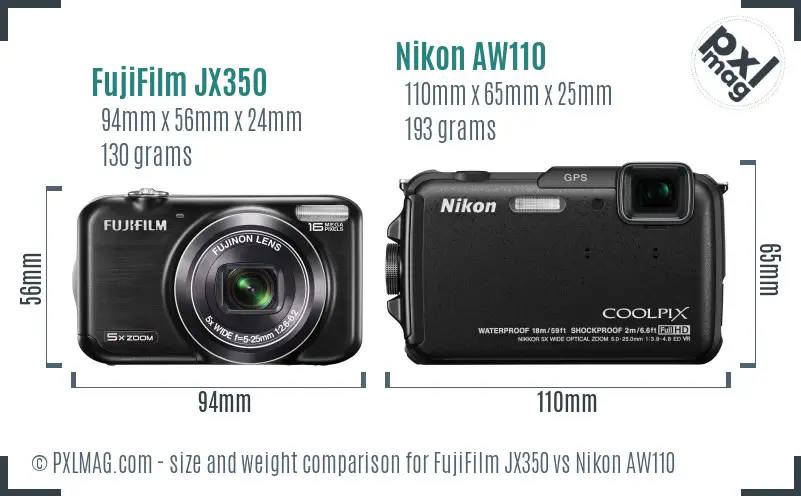 FujiFilm JX350 vs Nikon AW110 size comparison