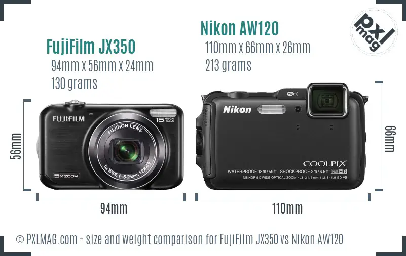 FujiFilm JX350 vs Nikon AW120 size comparison FujiFilm JX350 vs Nikon AW120 size comparison