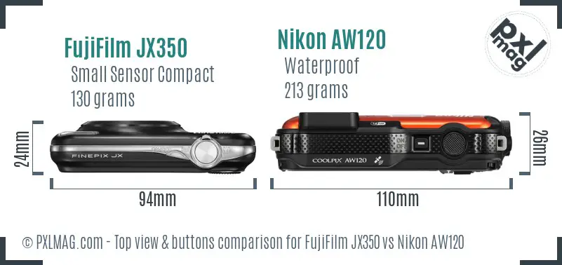FujiFilm JX350 vs Nikon AW120 top view buttons comparison FujiFilm JX350 vs Nikon AW120 top view buttons comparison