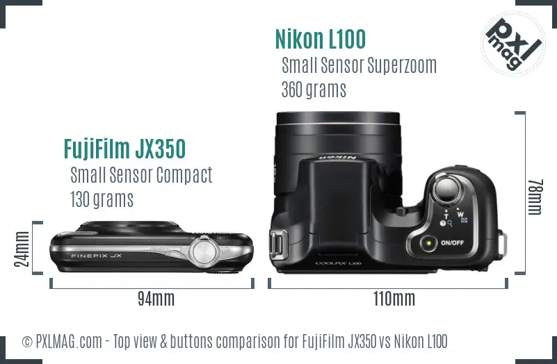 FujiFilm JX350 vs Nikon L100 top view buttons comparison FujiFilm JX350 vs Nikon L100 top view buttons comparison