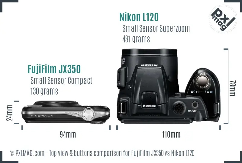 FujiFilm JX350 vs Nikon L120 top view buttons comparison FujiFilm JX350 vs Nikon L120 top view buttons comparison