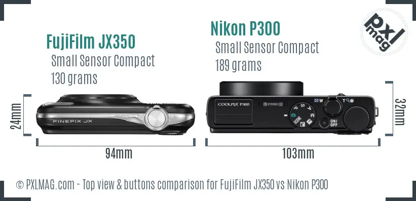 FujiFilm JX350 vs Nikon P300 top view buttons comparison FujiFilm JX350 vs Nikon P300 top view buttons comparison