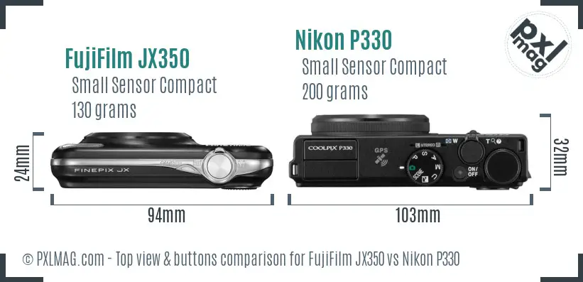 FujiFilm JX350 vs Nikon P330 top view buttons comparison FujiFilm JX350 vs Nikon P330 top view buttons comparison