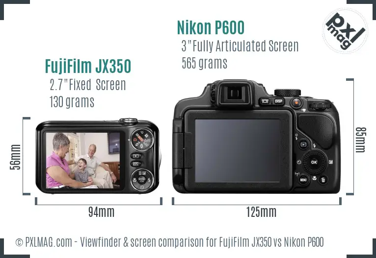 FujiFilm JX350 vs Nikon P600 Screen and Viewfinder comparison