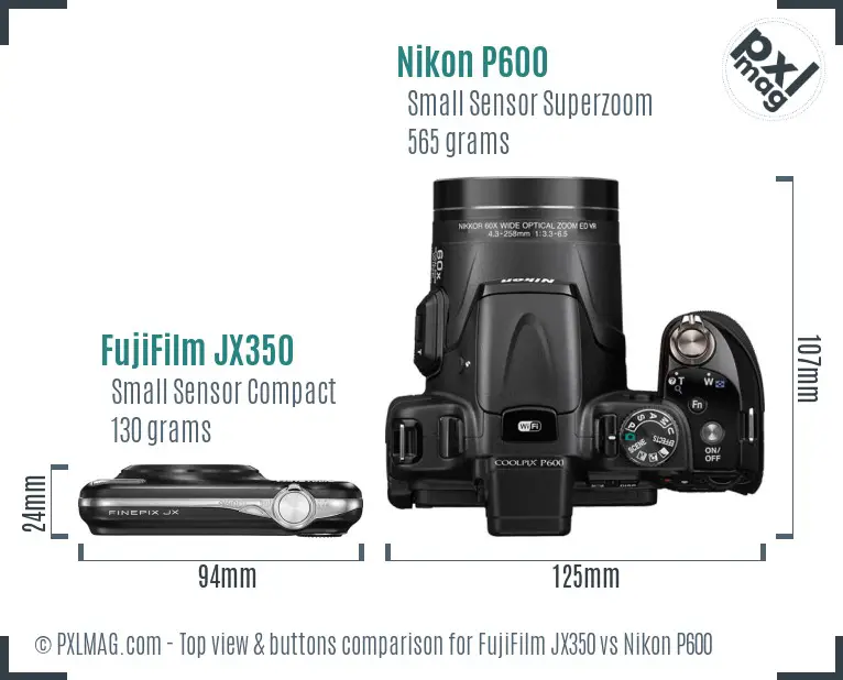 FujiFilm JX350 vs Nikon P600 top view buttons comparison