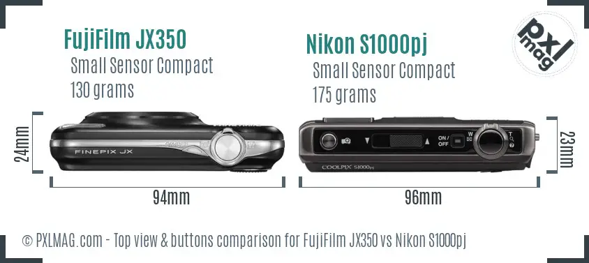 FujiFilm JX350 vs Nikon S1000pj top view buttons comparison