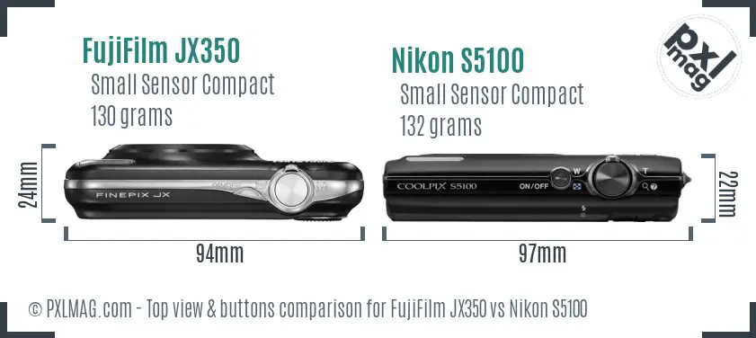 FujiFilm JX350 vs Nikon S5100 top view buttons comparison FujiFilm JX350 vs Nikon S5100 top view buttons comparison